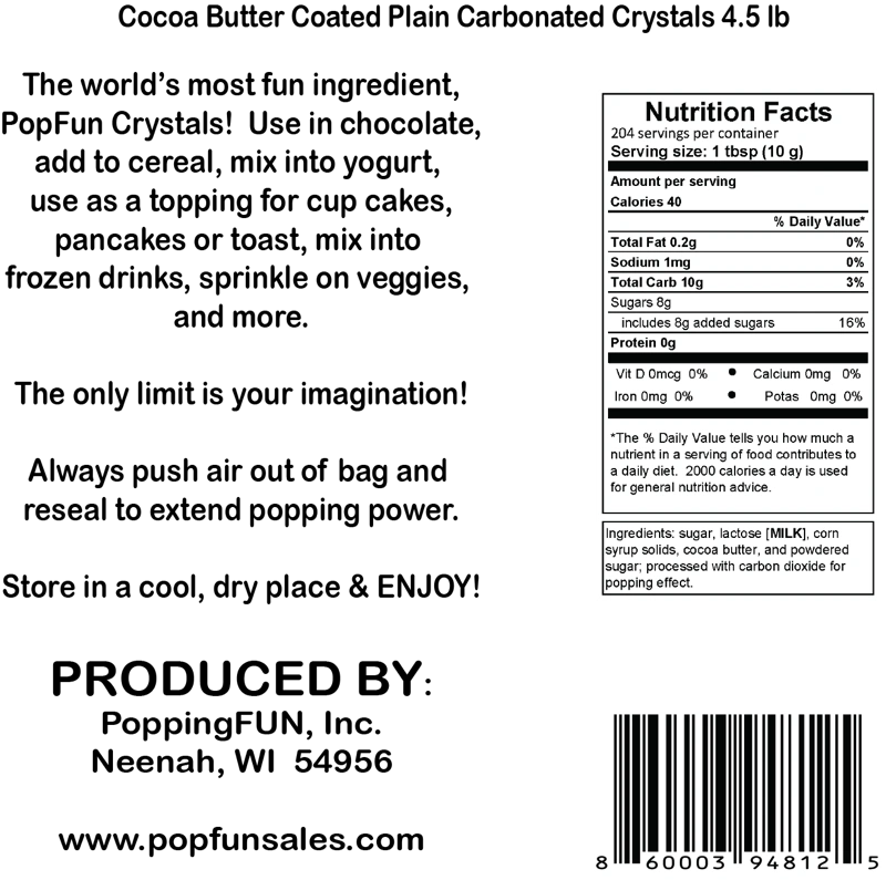 PopFun Plain Non-GMO, Cocoa Butter Coated, Pop Crystals 4 lb