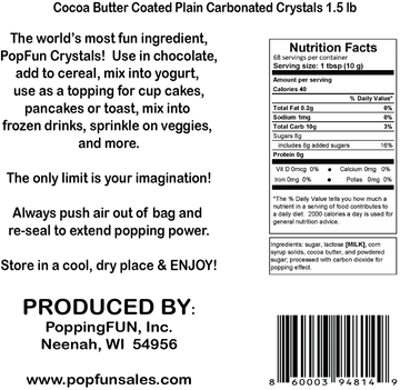 PopFun Plain Non-GMO, Cocoa Butter Coated, Pop Crystals 1.5 LB